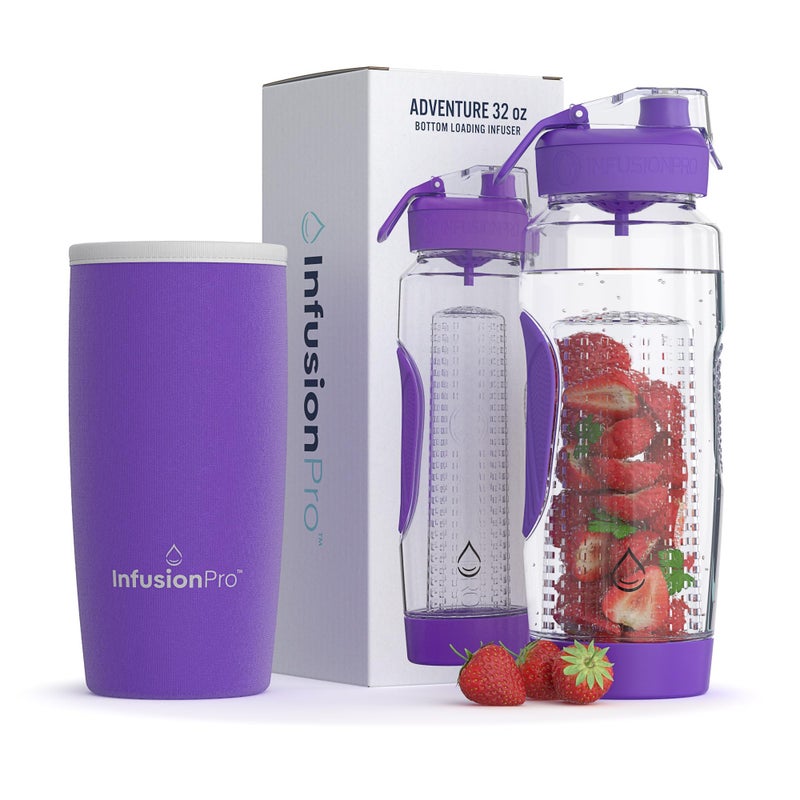 Infusion Pro 32 oz Fruit Infuser Water Bottle with Insulated Sleeve & 50 Recipe Fruit Infusion Water eBook : Bottom Loading, Large Water Infuser for More Flavor : Unique Gift Idea for Women - Image 1